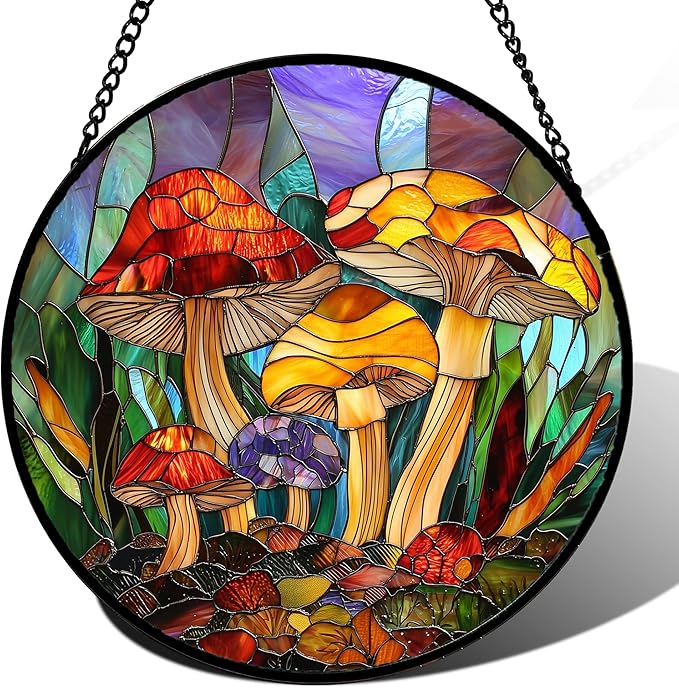 Stained Glass Window Hanging, Jungle Mushrooms Sun Catchers Diamond Glass Panel Hangings Plant Suncatcher Decor for Birthday for Women, Men, Wife, Aunt, and Mom 14.9x14.9 in