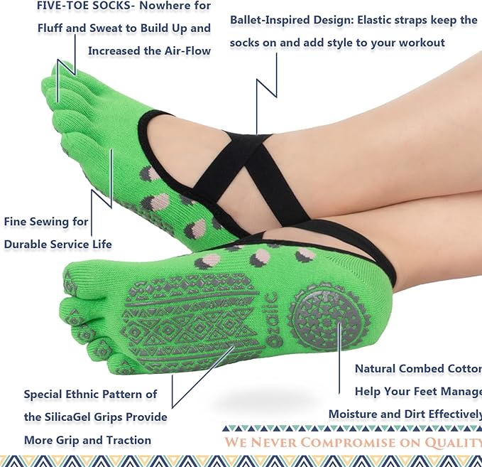 Ozaiic Yoga Socks for Women with Grips, Non-Slip Five Toe Socks for Pilates, Barre, Ballet, Fitness