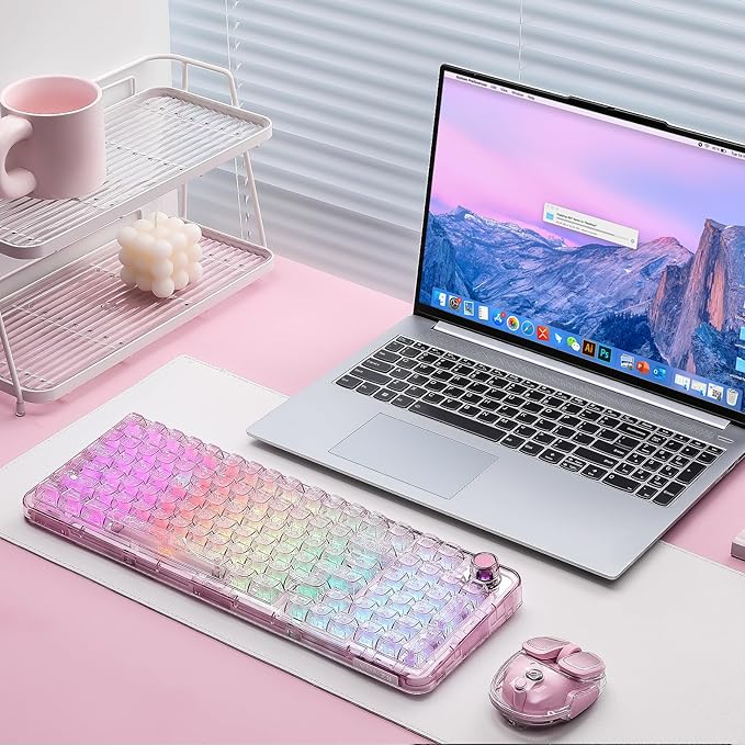 YUNZII X98 QMK/VIA Wireless Mechanical Gaming Keyboard with Knob,Tri-Mode BT5.0/USB-C/2.4GHz Hot Swappable Keyboard,Pre-lubed Switches Gasket Mount RGB Backlit for Wins/Mac (Pink, Snow Switch)