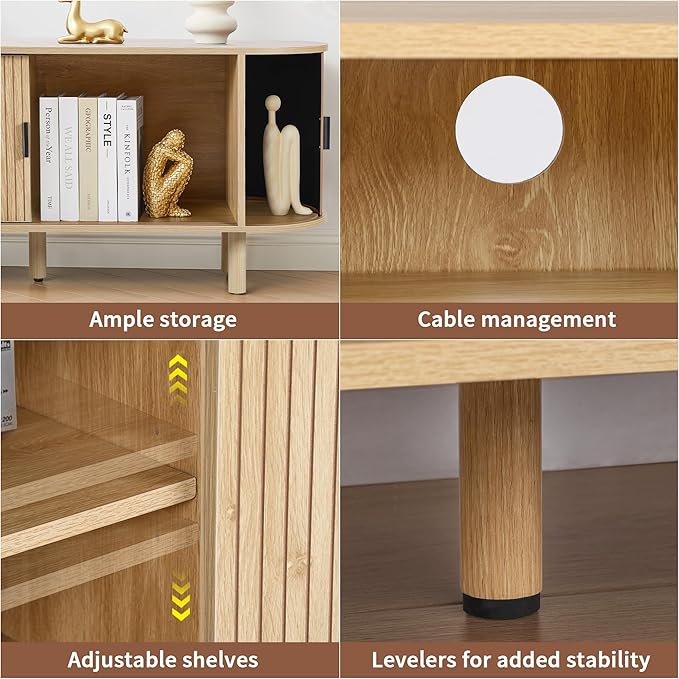 70-Inch Mid Century Modern TV Stand, Curved Entertainment Center with Fluted Sliding Doors, Storage Cabinet for TVs up to 75 Inch, Media Console for Living Room, Bedroom, Natural