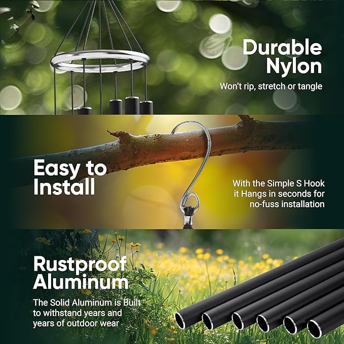 Nature’s Melody Aureole Tunes Wind Chimes – Outdoor Windchime with 6 Tubes Tuned to E Pentatonic Scale, 100% Rustproof Aluminum, Powder Finish & S Hook Hanger for Sympathy, Memorial Gift or Zen Garden