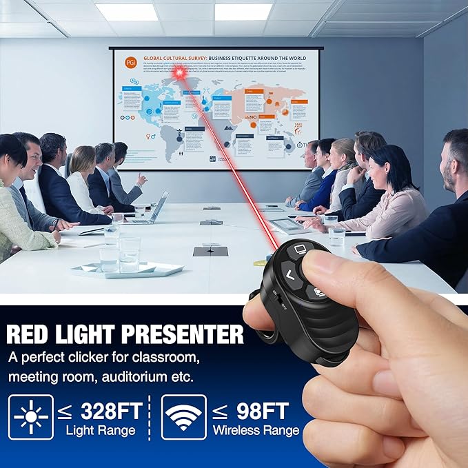 Wireless Presentation Clicker Rechargeable, Finger Ring Powerpoint Clicker with Red Laser Pointer, Presenter Remote PPT Clicker for Powerpoint Presentations for Mac Computer Laptop