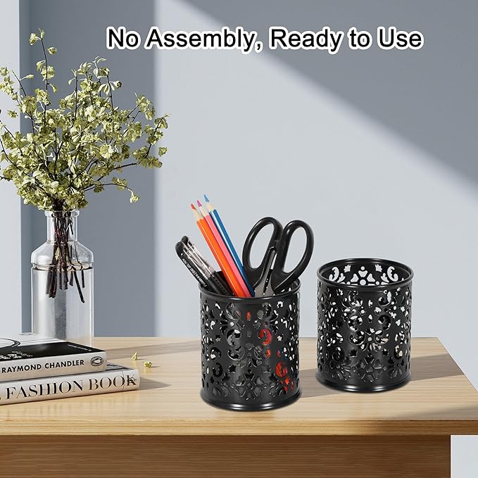 EasyPAG Black Pen Holder for Desk 2 Pack Metal Pen Holder Organizer Pencil Cup Holder for Home, Office, Classroom, School