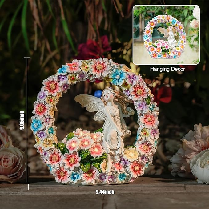 Garden Whimsical Gnome and Bulldog Statue Delightful Garden Decoration with Solar Light Gifts for Yard, Patio Decor (Flower Angel)