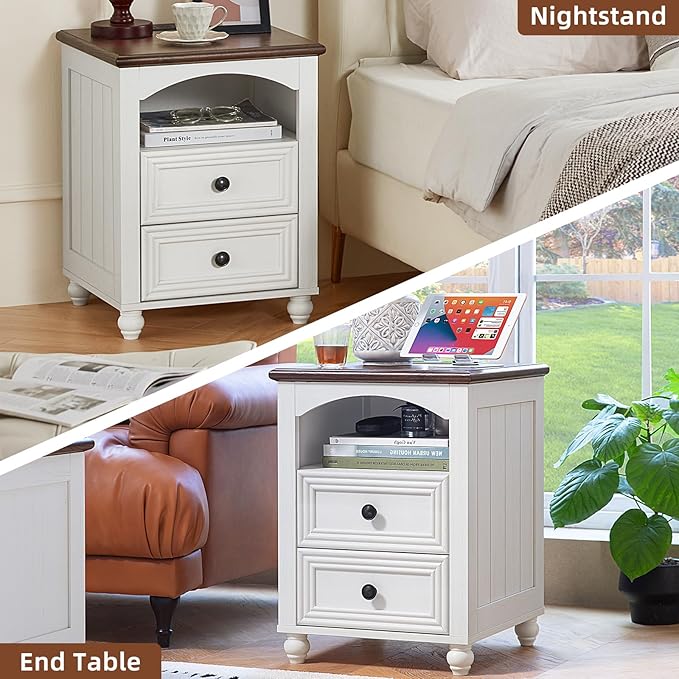 18" Farmhouse Night Stand with Charging Station, White Wood Nightstand with 2 Drawers, Bedside End Table with Shelf Storage, Bed Side Tables Cabinet for Bedroom, Living Room, and Closet