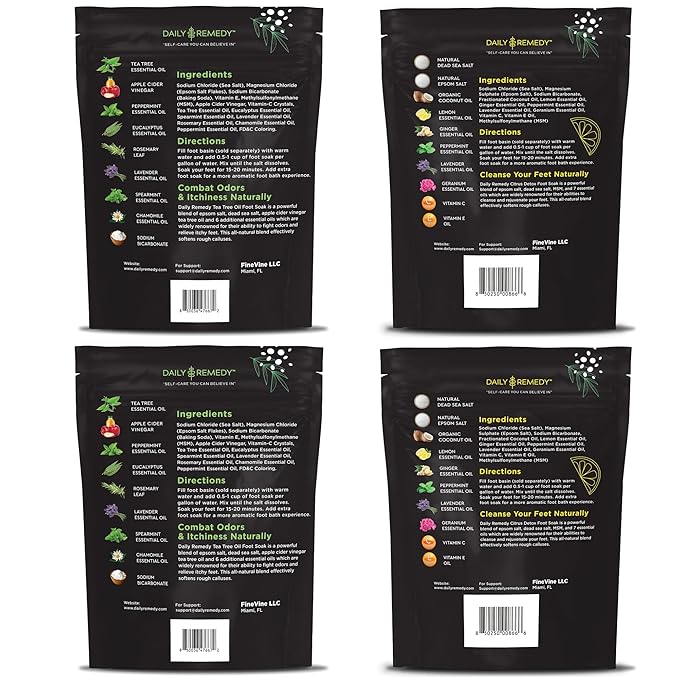 DAILY REMEDY 4-Pack Foot Soak Set - 2 Extra Strength Tea Tree Oil & 2 Citrus Detox - Made In USA - Soothes Tired Feet, Athletes Foot, Stubborn Foot Odor, Softens Calluses & Refreshes & Detoxifies