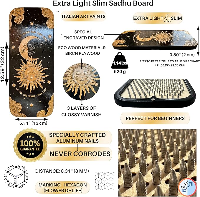TENGRY Sadhu Board, Specially Crafted Aluminum & Copper Nails, Light Nail Board, 0.31 IN (8 mm), Beginners, Hexagon, Slim Sadhu Wood Board for Standing on Nails, Acupuncture Foot Massage, Yoga Gift
