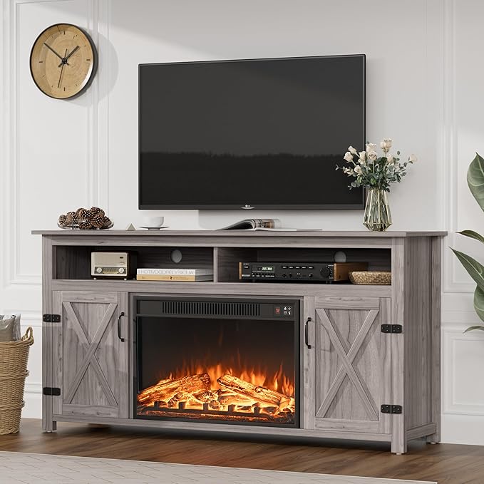 JUMMICO Fireplace TV Stand for TVs Up to 65+ Inch Entertainment Center with Open Storage Shelves and Side Cabinets, Media Console Table with Barn Doors for Living Room (Grey)