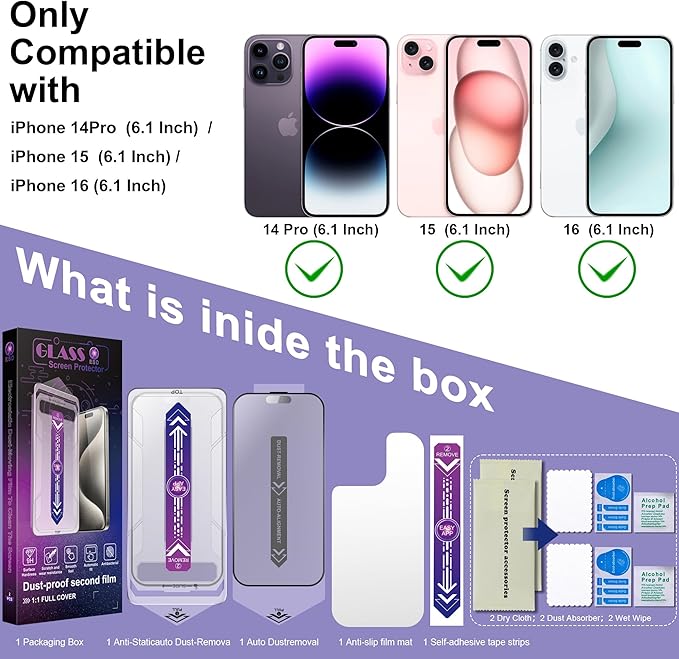 2 Pack Matte Screen Protector for iPhone 14 Pro/iPhone 15 / iPhone 16,9H Tempered Glass,Full Coverage,Anti-Fingerprint,Auto Dust-Elimination,No Bubble,Easy Installation