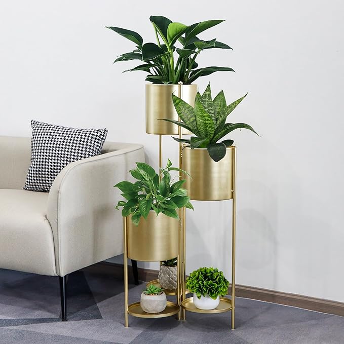 TRIROCKS Metal Plant Stand 6 Tier 6 Potted Indoor Flower Pot Stand Holder Shelf Outdoor Foldable Decorative Storage Shelf Rack for Multiple Potted Plants Patio Garden Living Room Corner(Gold)