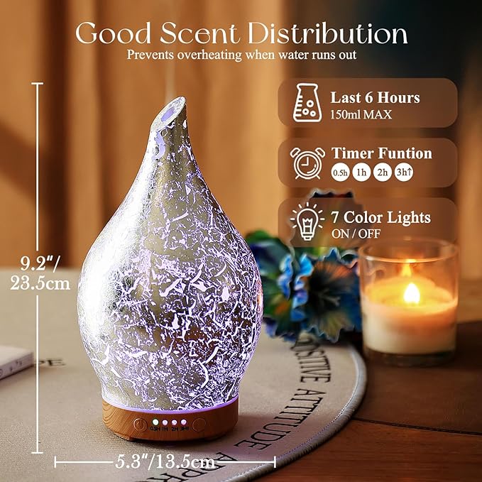 Porseme Essential Oil Diffuser Glass Aromatherapy Ultrasonic Humidifier, Air Refresh Auto Shut-Off, Timer Setting, BPA Free for Home Hotel Yoga Leisure SPA Gift 150ml Last 6H