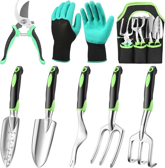 JMOO Garden Tools, 8-Piece Garden Tool Set with Non-Slip Ergonomic Handles, Lightweight Aluminum Alloy Rust-Proof Durable Gardening Hand Tools, Ideal Gardening Tools Gifts for Women and Men