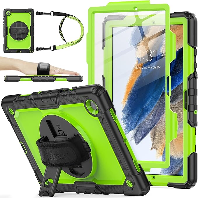 SEYMAC stock Case for Samsung Galaxy Tab A8 10.5'', Full-Body Drop Protection Case with Screen Protector Pencil Holder [360° Rotating Hand Strap] &Stand, Green+Black