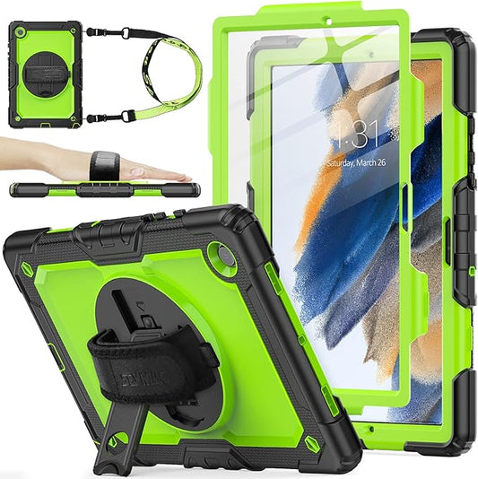 SEYMAC stock Case for Samsung Galaxy Tab A8 10.5'', Full-Body Drop Protection Case with Screen Protector Pencil Holder [360° Rotating Hand Strap] &Stand, Green+Black