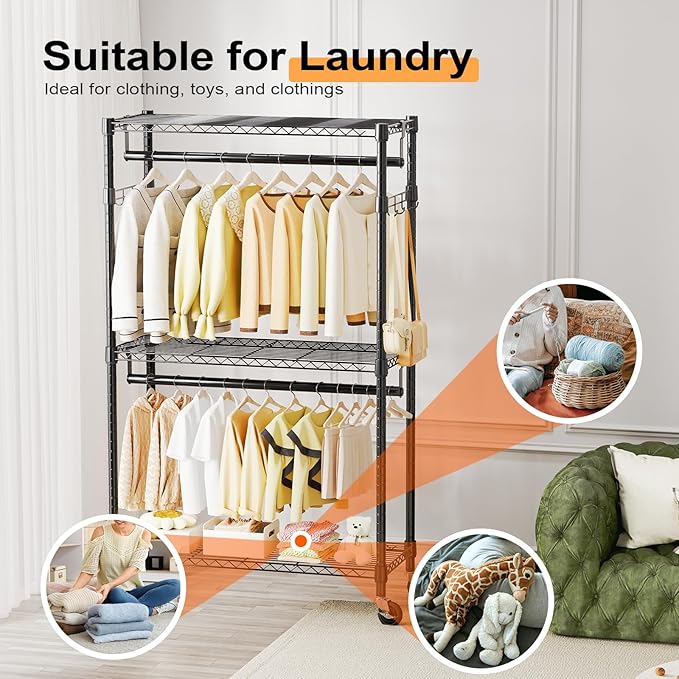 Heavy Duty Rolling Garment Rack 3 Tiers Adjustable Wire Shelving Clothes Rack with 2 Rods and Side Hooks,Storage Closet Clothing Rack with Wheels Black 15.7" D x 29.5" W x 74.5" H