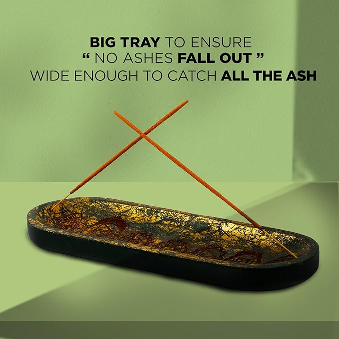 Hand Carved Incense Holder-Incense Burner/Ash Catcher/Handmade Wooden Insence Tray – Modern Gift Home/Room/Seven Chakra Blue Gold Kitchen Décor Size 11x4x1.5 Inches