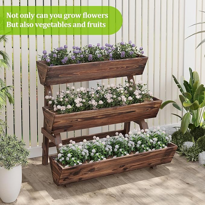 3-Tiers Wooden Raised Garden Bed Tiered Planter Box Vertical Garden Planter Wood Plant Stand for Patio, Balcony, Freestanding (Carbonized L)