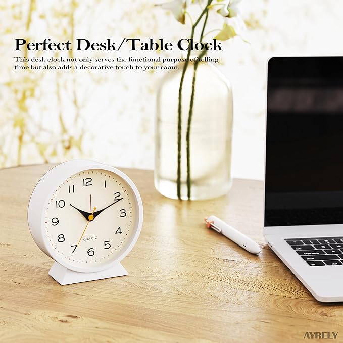 AYRELY® 4.5" Analog Alarm Clock,Small Retro Desk Clock Battery Operated,Slient Metal Table Clock with Light for Living Room Decor,Bedroom,Bedside,Shelf (White)