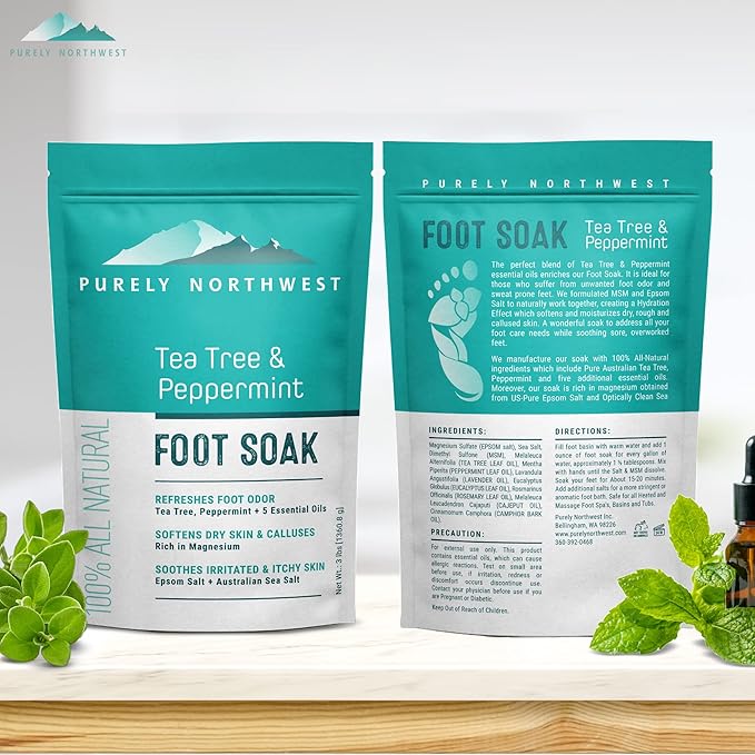 Epsom Salt Tea Tree Foot Soak-Toenail Repair, Softens Thick Calluses & Corns, Stubborn Foot Odor, Athletes Foot Burning & Itching, Damaged Discolored Nails: Purely Northwest USA 16 ounces/1Lb