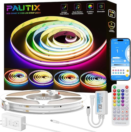 PAUTIX RGB Smart IC COB LED Strip Light Addressable 9.84ft/3m,UL-Listed DC24V Color Chasing Strip Light Multicolor Flexible Tape Lights Kit with Remote,for Cabinets,TV,Bedroom,Party DIY Decoration