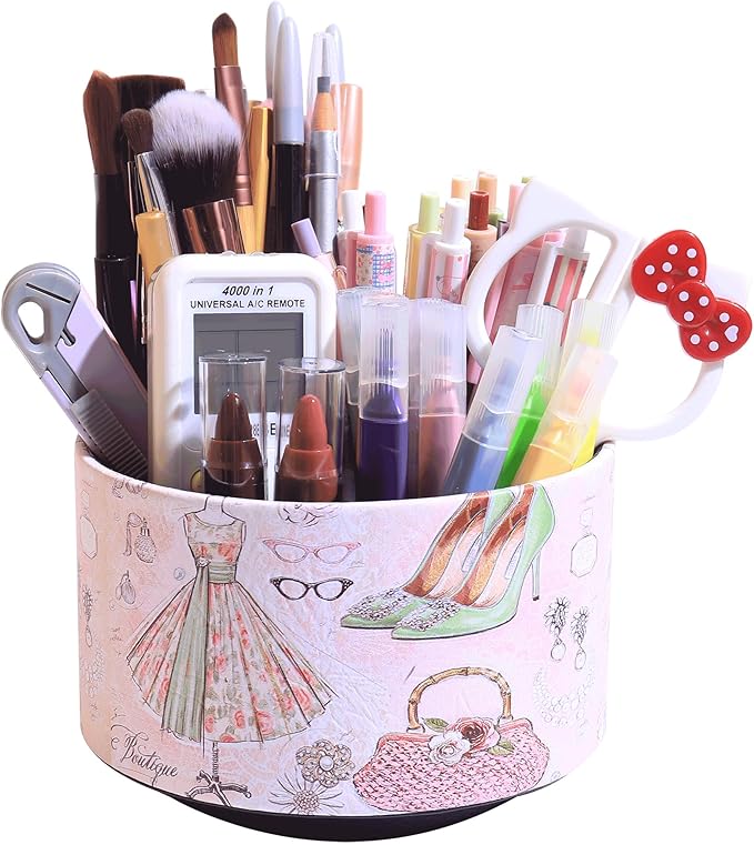360° Rotate Desk Pen Organizer, Makeup Brush Holder Organizer, Makeup Organizers Countertop, TV Remote Control Holder,Leather Remote Caddy,Dual-Purpose Art Supply Pencil Cup (Fashion illustration)