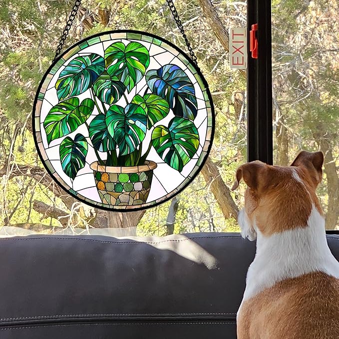 Stained Glass Window Hanging, Green Plant Monstera t Suncatcher Diamond Colorful Glass Panel Sun Catchers Decor for Birthday for Women, Men, Wife, Aunt, and Mom 14.9x14.9 in