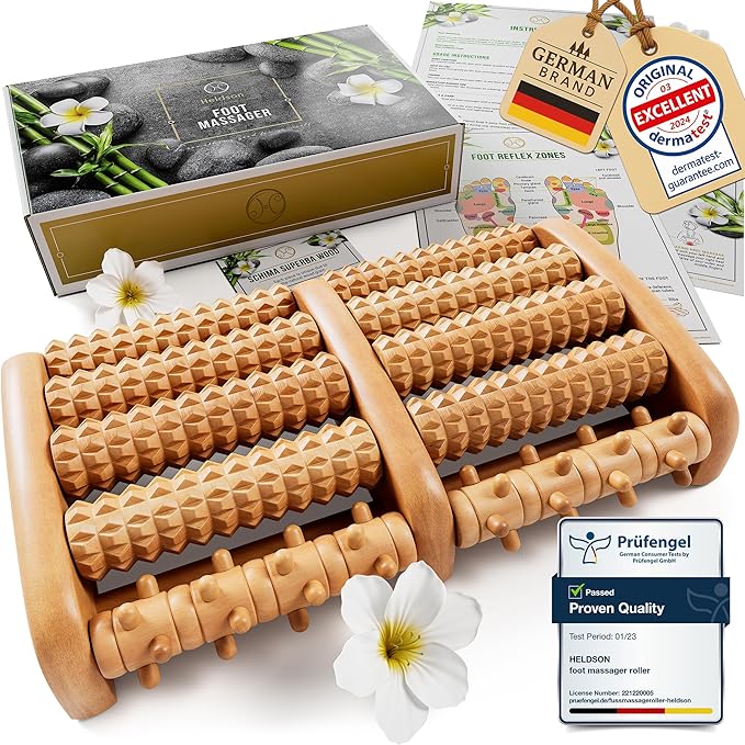 HELDSON® Foot Roller Massager Plantar Fasciitis Pain Relief - Wooden Under Desk Feet Massage - Dual Manual Heel Massagers - Wood Rolling Acupressure Tool with Reflexology Guide - Gift for Men, Women