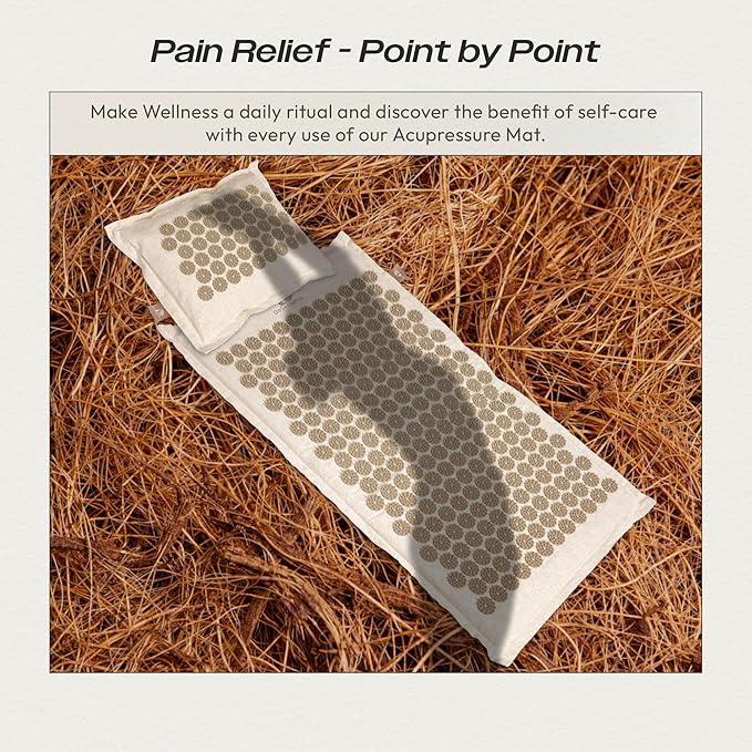 Acupressure Mat & Pillow Set with Hot/Cold Gel Pack for Back and Neck Pain Relief, Sciatica and Pressure Point Aches - Ideal Acupuncture Mat for Sleeping Aid & Workout Recovery (Natural Linen)