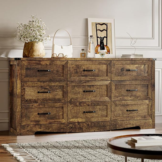 9-Drawer Dresser for Bedroom, Modern Wooden Chest of Drawers with Metal Handles, Anti-Tipping Design, Sturdy and Stable Storage Organizer for Living Room, Entryway, Home Office