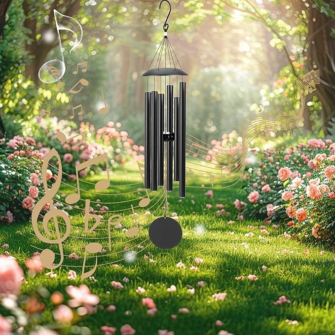 28" Wind Chimes for Outside with Classic Sound, Coolest Metal Windchimes Outdoors with Pine Wood Striker, Unique Gift for Mom, Garden Decoration(Black)