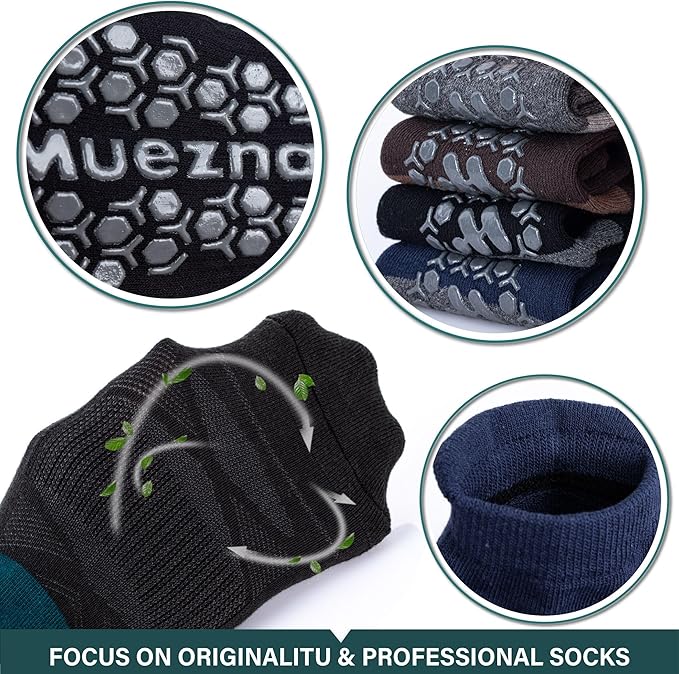 Muezna Men's Non-Slip Yoga Socks, Anti-Skid Pilates, Barre, Bikram Fitness Hospital Slipper Socks with Grips