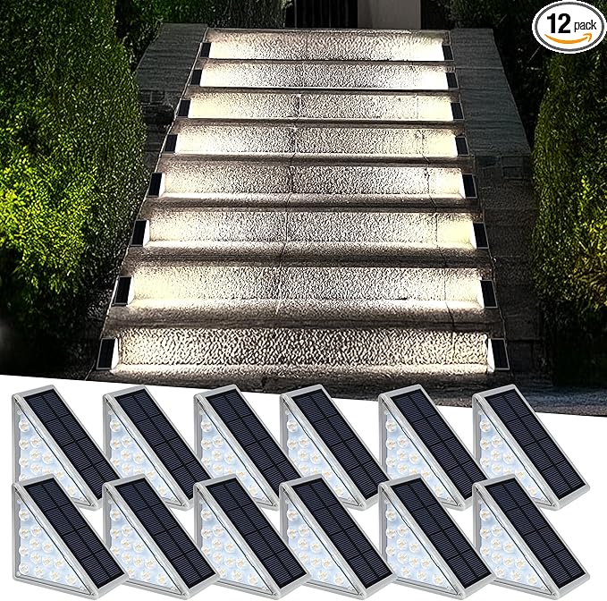 LED Solar Step Lights Waterproof Outdoor Stair Lights, Solar Deck Light Outdoor Decor IP67 Solar Lights for Yard, Patio, Garden, Walkways, Front Door, Pathway, Driveway (12)