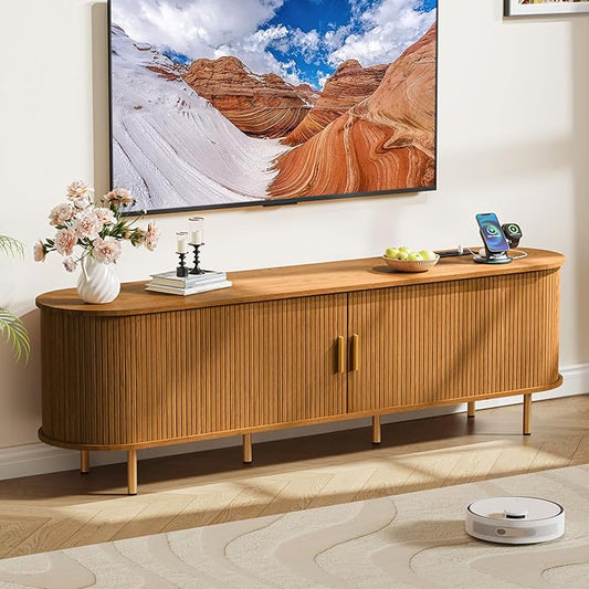 DHH 70 inch tv Stand Cabinet with Storage,Fluted tv Console Entertainment Center with Storage Adjustable Shelves, Modern Vintage with Sliding Doors tv Stand for Living Room (Yellow Walnut, 70 Inch)