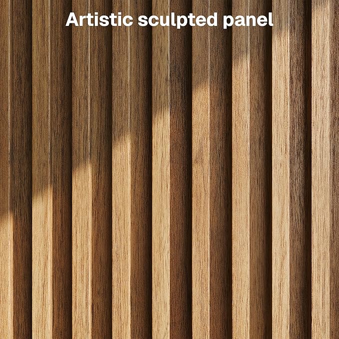 BELLEZE Set of 2 65 Inch Fluted TV Stand, Mid Century Modern Entertainment Center with Storage Cabinets & Open Shelves, Media Console TV Cabinet with Adjustable Shelves for Living Room, Caramel Brown