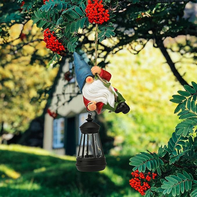 Solar Hanging Gnome Garden Statue Climbing Rope Gnome with LED Lantern Outdoor Decor Tree Hugger Yard Porch Wall Decoration Halloween Christmas Gardening Gift for Mom Women