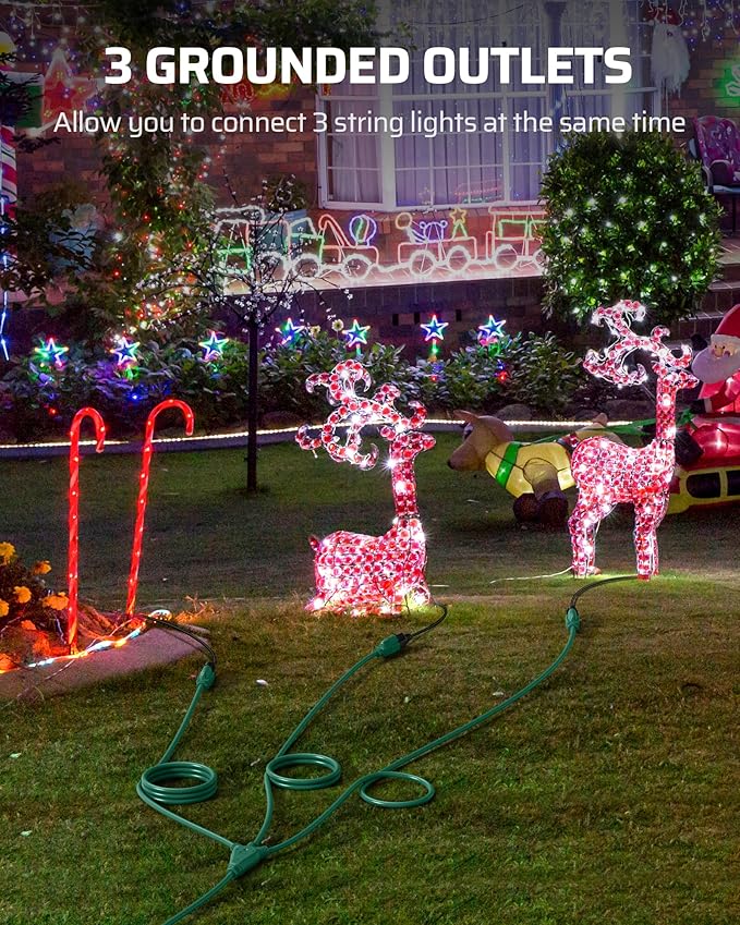 DEWENWILS 25Ft Outdoor Extension Cord Multiple Outlets, Evenly Spaced 3 Outlets Plugs with Safety Cover, 16/3 SJTW Weatherproof Wire for Outdoor String Lights and Holiday Decorations