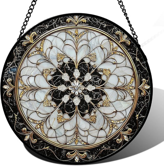 Stained Glass Window Hanging, Black and White Gold Boho Pattern Suncatcher for Doors Window Home Abstract Flower Sun Catchers Decor Mother's Day Birthday Gifts for Women, Men Mom 7.8 in