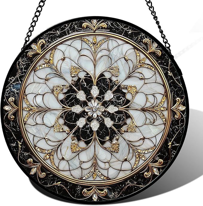 Stained Glass Window Hanging, Black and White Gold Boho Pattern Suncatcher for Doors Window Home Abstract Flower Sun Catchers Decor Mother's Day Birthday Gifts for Women, Men Mom 15 in
