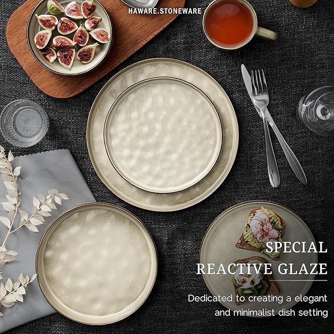 HaWare Dinnerware Sets, 12-Piece Plates and Bowls Set, Stoneware Dish Set for 4, Ceramic Dinnerware for Home Restaurant, Chip and Scratch Resistant, Microwave and Dishwasher Safe, Saturn Khaki