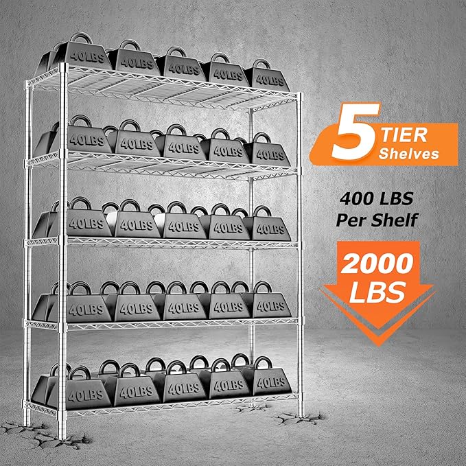 Storage Shelves Heavy Duty, 45" W x 20" D x 72" H Garage Wire Shelving Unit Loads 2000LBS, 5-Tier Adjustable Metal Industrial Utility Shelf Rack for Kitchen, Laundry Room, Pantry, Warehouse, Basement