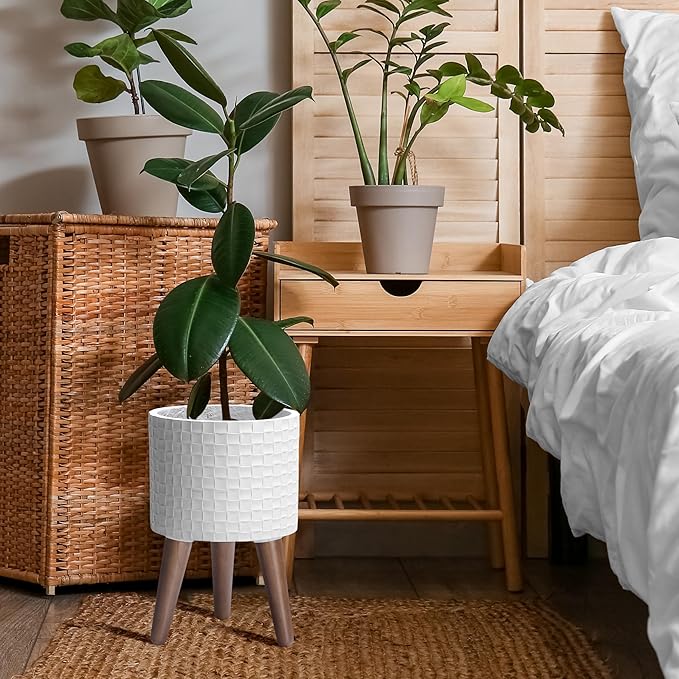 D'vine Dev 8 Inch Modern Geometric Tile Patterned Sleek Planter Pot with Stand, Indoor Outdoor Decorative Plant Holder, Matte White, 88-Z-A-1