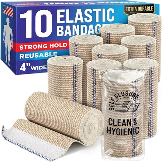 Premium Elastic Bandage Wrap - 4” (10pk) - Strong Compression - Self-Closing Reusable Bandages for Legs and Arms - Wrist, Elbow, Foot, Knee Wrap