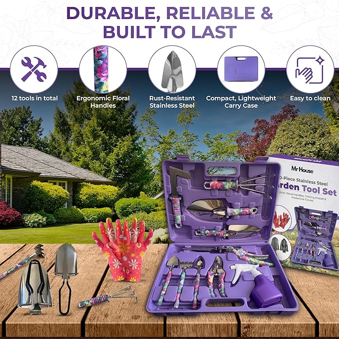 Gardening Tools Set 12-Piece Garden Tool Set – Rust-Resistant Stainless Steel Hand Tools, Gardening Kit with Heavy Duty Folding Shovel, Floral Handles & Durable Carry Case, for Women