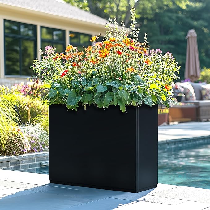 Tall Metal Planter, 9" W x 26" H Large Rectangular Planter Box for Outdoor or Indoor, All-Weather Durable Plant Box with Drainage Holes & Removable Shelf for Patio, Porch, Garden, Trees, Flowers