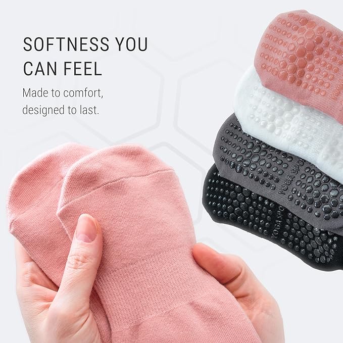 POWER STEP Pilates Grip Socks for Women, Non-Slip Cotton Crew Yoga Socks for Pilates, Dance, Workout, Barre and Home, 4 Pairs