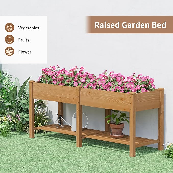 FILWH Raised Garden Bed with Legs Elevated Wooden Planter Box Stand Large Planter Stand Box for Fruits Vegetables Flowers with Divider with Bag- 72 * 24 * 30.5IN（Brown）