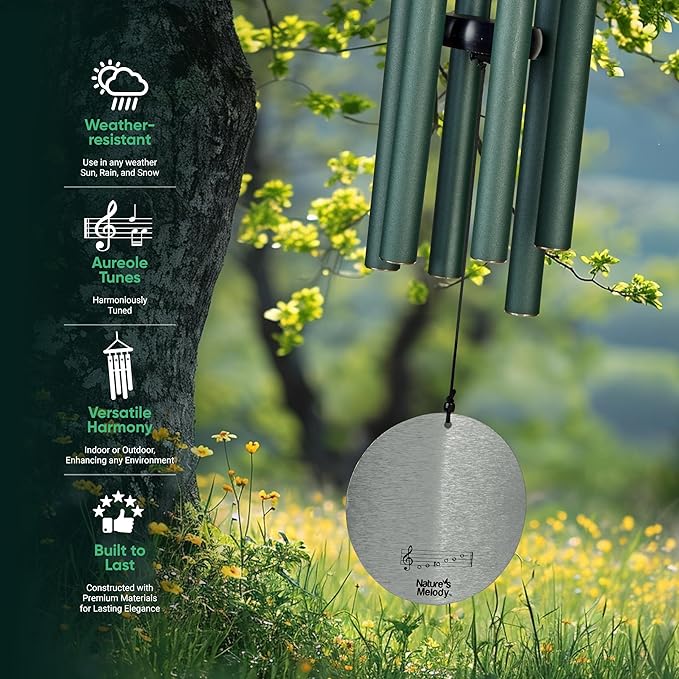 Nature’s Melody Aureole Tunes Wind Chimes – Outdoor Windchime with 6 Tubes Tuned to C Pentatonic Scale, 100% Rustproof Aluminum, Powder Finish & S Hook Hanger for Sympathy, Memorial Gift or Zen Garden