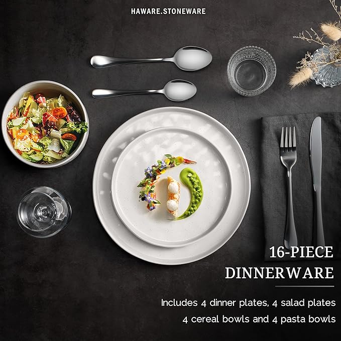 HaWare Dinnerware Sets, 16-Piece Plates and Bowls Set, Stoneware Dish Set for 4, Ceramic Dishware Set for Pasta Cereal, Chip and Scratch Resistant, Microwave and Dishwasher Safe, Speckled White