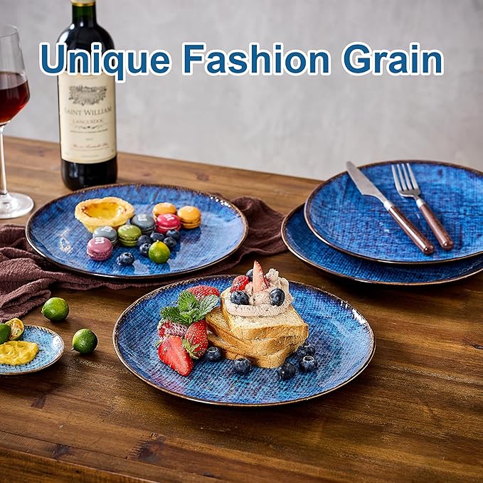 Ceramic Dinner Plates Set of 4, 10 Inch Porcelain Pasta and Salad Plates, Handmade Stoneware Plate Set for 4, Round Dishes for Home Decor, Microwave,Oven,and Dishwasher Safe, Blue