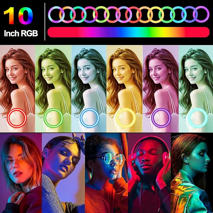 UEGOGO 10'' Ring Light with 72'' Tripod Stand & Phone Holder，38 Color Modes Dimmable LED Ringlight for Live Stream, YouTube,Makeup,TikTok